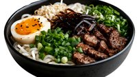 Savory ramen bowl with sliced beef, soft-boiled egg, fresh scallions and noodles in rich broth. Asian comfort food for restaurant menus and culinary content.