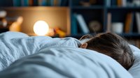 Young Asian woman sleeping peacefully in bed with soft morning light from window, cozy bedroom interior with bookshelf background, wellness concept.