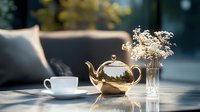 Elegant golden teapot with white cup and dried flowers on sunlit table, creating serene atmosphere for relaxation and contemplation.
