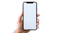 Hand holding modern black smartphone with blank white screen isolated on white background. Ready for app or website mockup presentation.