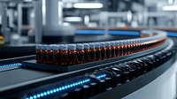 Automated pharmaceutical production line with glass vials moving on conveyor belt in modern sterile manufacturing facility for medicine packaging.