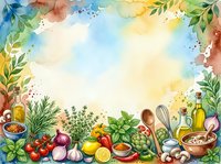 Watercolor cooking frame with fresh vegetables, herbs, olive oil, and kitchen utensils arranged on cream background. Ideal for recipe blogs, cookbooks, food packaging, culinary websites, restaurant menus, and cooking-related designs.
