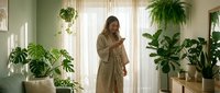 Young woman with long blonde hair, wearing a beige cardigan, tending to potted houseplants in a bright, plant-filled room with natural light from windows and hanging greenery.