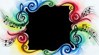 Colorful musical frame with treble clefs and notes on rainbow watercolor background. Black center space for text or design elements on isolated backdrop.