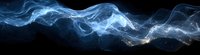 Ethereal blue smoke waves flow across dark background creating mystical atmospheric effect, abstract panoramic composition with luminous flowing elements.