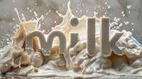 Creamy milk text typography splashing in white liquid waves with dynamic motion and droplets against neutral background, dramatic food photography style.