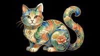 Decorative cat with ornate patterned body featuring floral and scrollwork designs in gold, teal, and coral tones. Isolated on transparent background, ready for t-shirts, stickers, clipart, sublimation, and print-on-demand projects.