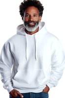 Mature African American man with gray beard wearing white hoodie and jeans, smiling confidently against white background. For fashion and lifestyle advertising.