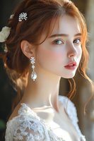 Young Caucasian bride with elegant pearl drop earrings and crystal hair accessory in soft natural light for wedding photography and bridal fashion.