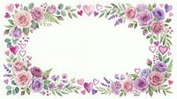 Watercolor floral frame with pink and purple roses, hearts, and green leaves on white background, isolated for Valentine cards and invitations.