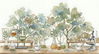 Watercolor botanical laboratory scene with green trees, scientific glassware, microscope and research equipment on wooden shelf for educational content.