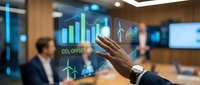 Businessman hand touching holographic display showing carbon offset data, renewable energy charts, and sustainability metrics in modern office environment for corporate green initiatives.