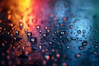 Water drops on glass surface with vibrant orange and blue bokeh lights creating dreamy abstract background. Macro photography captures liquid texture and reflections.