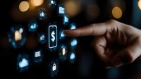 Digital payment concept with finger touching glowing dollar symbol surrounded by security lock icons and cloud storage elements in dark background with bokeh effect.