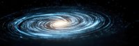 Spiral galaxy with bright center and glowing blue arms swirling through starlit space against dark cosmic background, panoramic view of celestial formation.