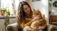 Young woman with long curly hair in yellow sweater cuddling orange tabby cat in cozy living room with houseplants. Pet owner bonding moment at home.
