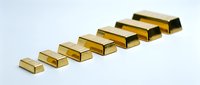 Golden metal bars arranged in ascending size order on white background representing wealth growth and financial investment success.
