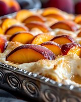 Fresh plum slices arranged in rows atop creamy custard filling in ornate baking dish, macro view showing juicy fruit and flaky pastry texture for food photography.