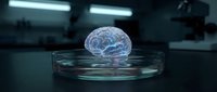 Human brain floating in glass petri dish in modern laboratory setting with fluorescent lighting for medical research and neuroscience studies.