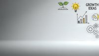 Business growth concept with hand-drawn icons including plant, lightbulb, chart, gears on clean gray background for presentations and marketing materials.