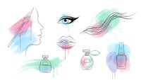 Fashion beauty cosmetics watercolor illustration with woman face profile makeup products perfume bottles nail polish pastel colors isolated white background.