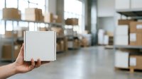 Male hand holding blank white cardboard box in warehouse with stacked packages and shelving in background, suitable for shipping, logistics, delivery service, and e-commerce marketing materials.