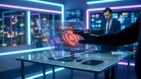Businessman using futuristic holographic interface with digital icons in modern office environment with neon lighting and technology displays.