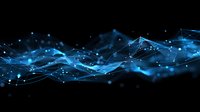 Glowing blue network connections with dots and lines forming abstract wave pattern against black background, digital technology concept for data flow.