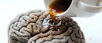 Liquid pouring onto brain model representing cognitive function, mental health treatment, or intelligence enhancement for medical, educational, or wellness concepts.