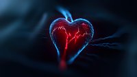 Glowing red heart with electric pulse wave effect on dark background, dramatic lighting creates mystical atmosphere for medical and valentines concepts.
