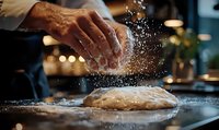 Baker kneading fresh dough on dark counter with flour splash in motion, dramatic lighting creates atmospheric scene in professional kitchen setting.