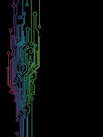 Colorful neon circuit board pattern on black background with glowing electronic pathways and connection nodes for technology designs.