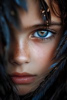 Close up portrait showing intense blue eye, natural freckles, and soft lips partially obscured by dark feathers creating mysterious atmosphere and dramatic lighting.