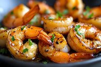 Succulent grilled shrimp with garlic butter sauce and fresh herbs, seasoned with black pepper and spices, served in cast iron pan, macro food photography.