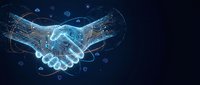 Digital handshake with glowing circuit patterns and network connections representing business partnership, technology collaboration and cyber agreement.