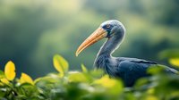 Rare blue-headed heron with distinctive orange beak perched among green foliage and yellow flowers in natural habitat, side profile wildlife photography.