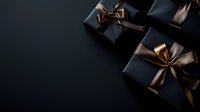 Luxurious black gift boxes with golden satin bows arranged on dark background with copy space, creating elegant holiday or premium presentation setup.