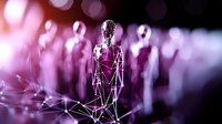 Digital wireframe human figure with glowing purple network connections standing among blurred crowd representing AI technology and data visualization concepts.