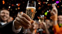 Elegant champagne flute held by person in formal attire during celebration with festive bokeh lights and blurred party crowd in background. Bubbling golden drink sparkles.