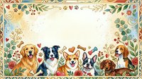 Happy dogs of different breeds sitting together in decorative floral border frame with hearts and paw prints on cream background for pet lover designs.