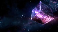 Glowing cosmic cube with purple and pink energy floating in dark space, surrounded by stars and nebula particles. Abstract futuristic concept for technology backgrounds.
