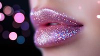 Sensual lips covered in pink and silver glitter makeup with bokeh background, extreme close up macro shot showing sparkly cosmetic detail and shimmer effect.