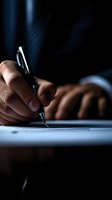 Professional businessman hand holding luxury fountain pen writing on document in dramatic lighting for corporate contracts and legal agreements.