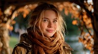 Young blonde woman in cozy autumn scarf smiling warmly outdoors during golden hour sunset with fall foliage background for lifestyle and seasonal content.