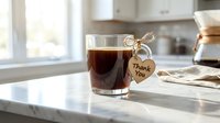 Glass mug of black coffee with a wooden heart tag saying Thank You on a marble kitchen counter, warm natural light.