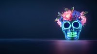 Glowing neon blue skull decorated with pink and purple flowers on dark background creates mystical atmosphere with vibrant light reflection on surface.