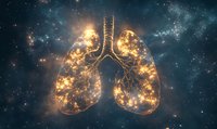 Glowing human lungs with branching bronchi illuminated against cosmic space background, representing breath, life force and medical science concepts.