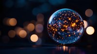 Glowing constellation patterns reflected in crystal ball with bokeh lights background creating magical starry night atmosphere for mystical concept photography.