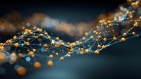Abstract network connections with glowing orange nodes and linking lines creating digital web structure for technology and data visualization concepts.