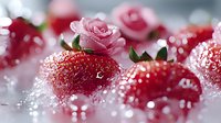 Fresh ripe strawberries decorated with delicate pink roses in soft focus on light background with water drops and bokeh effect for food styling.
